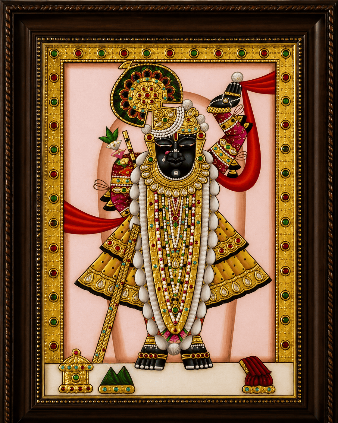 Shrinathji Tanjore Painting with Gold Foil and Pearl Garland — Handmade by Nathdwara Artisans
